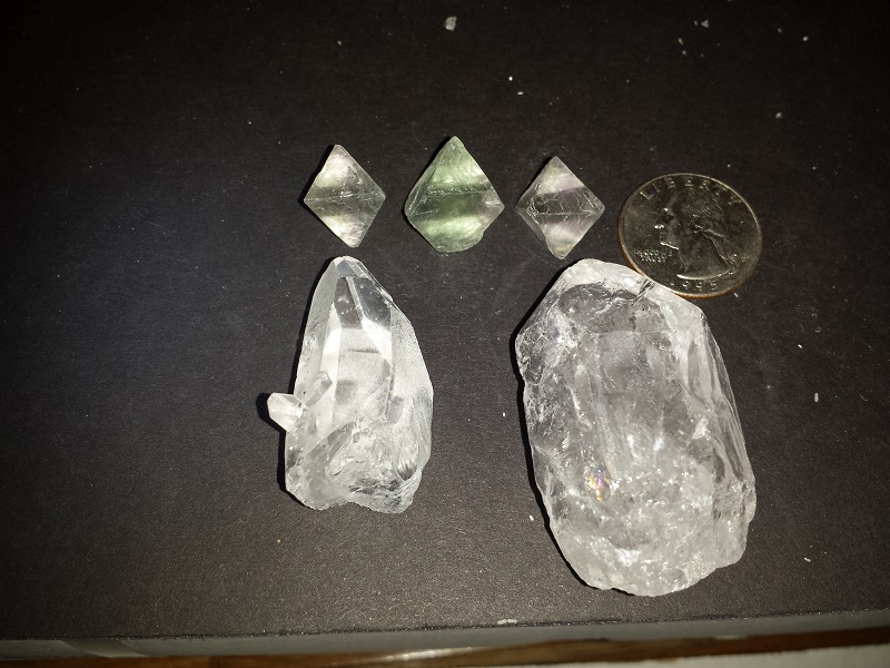 3 Fluorite Octahedra Crystals and 2 Quartz Crystals