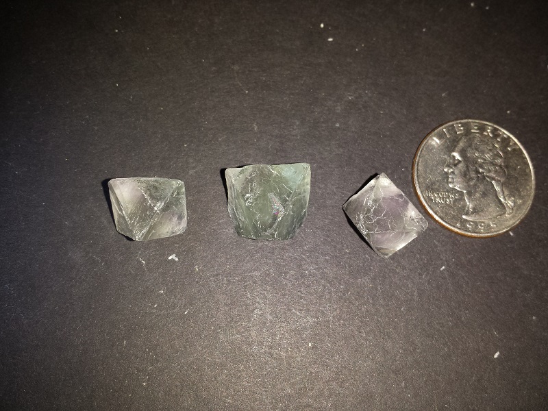 3 Fluorite Octahedra Crystals and 2 Quartz Crystals