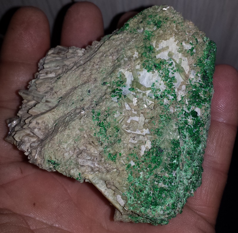 Green Garnet, Diopside and Calcite specimen