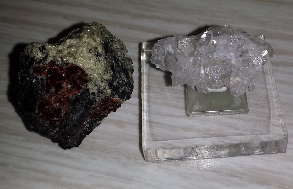 Tourmaline, Obsidian, Quartz, and Garnet on Amphibolite