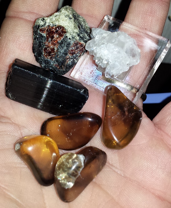 Tourmaline, Obsidian, Quartz, and Garnet on Amphibolite