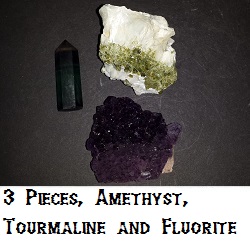 3 specimens Tourmaline, Amethyst and Fluorite